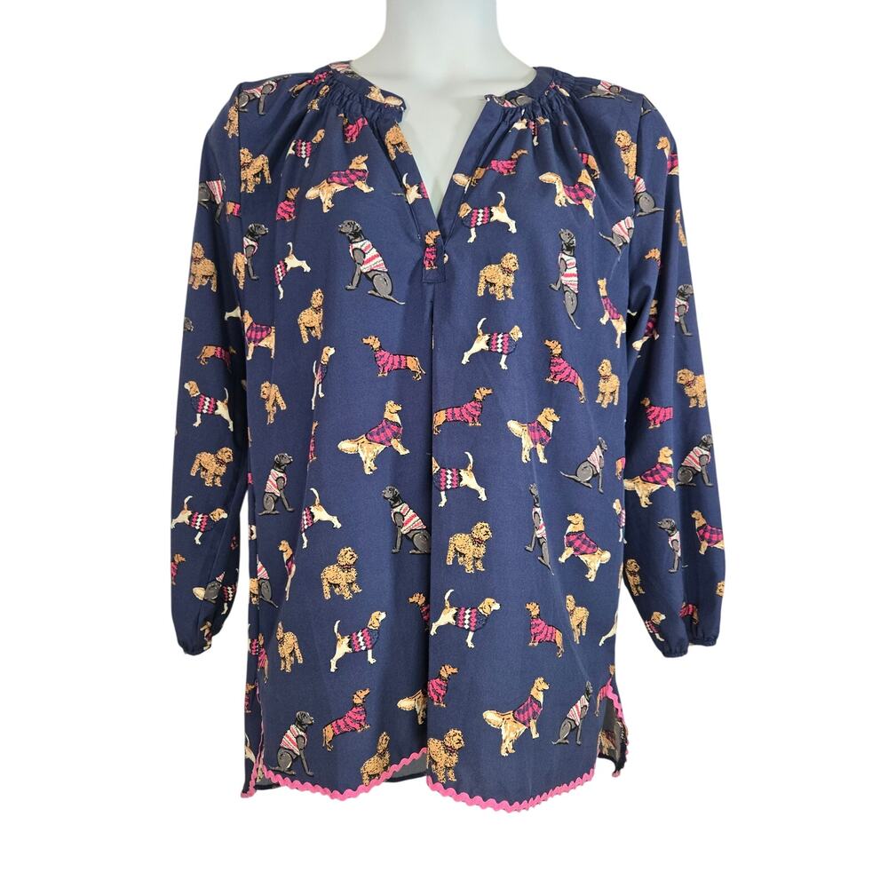 Simply Southern Women's Pullover Blouse With Whimsical Dog Print. Size Large